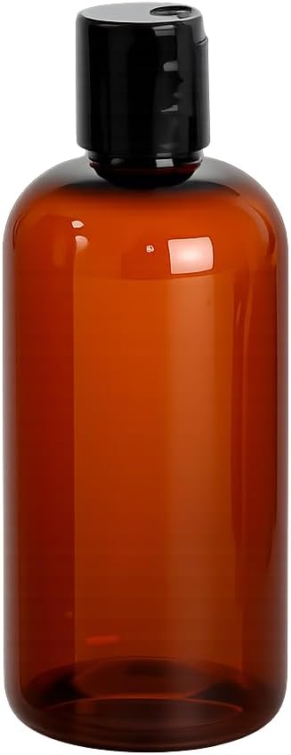 Natural Farms Empty Shampoo Bottles- 8 oz - 6 Pack - Amber Boston Plastic Bottles – Black Flip Top - for Essential Oils- Perfumes- Soap - Creams - Lotions - Gels