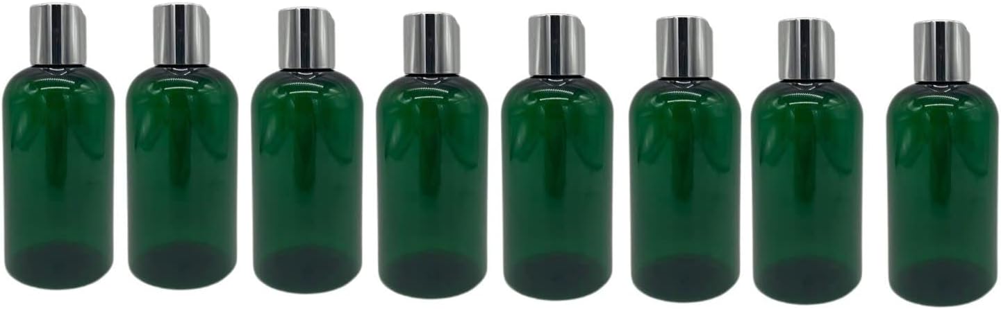 Natural Farms 8 oz Green Boston BPA FREE Bottles - 8 Pack Empty Refillable Containers - Essential Oils - Aromatherapy | Silver Disc Cap - Made in the USA