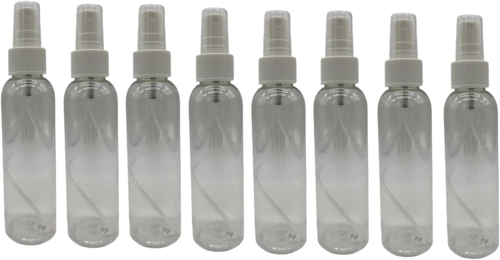 Natural Farms 4 oz Clear Cosmo BPA FREE Bottles - 8 Pack Empty Refillable Containers - Essential Oils - Hair - Aromatherapy | White Fine Mist Sprayers - Made in the USA