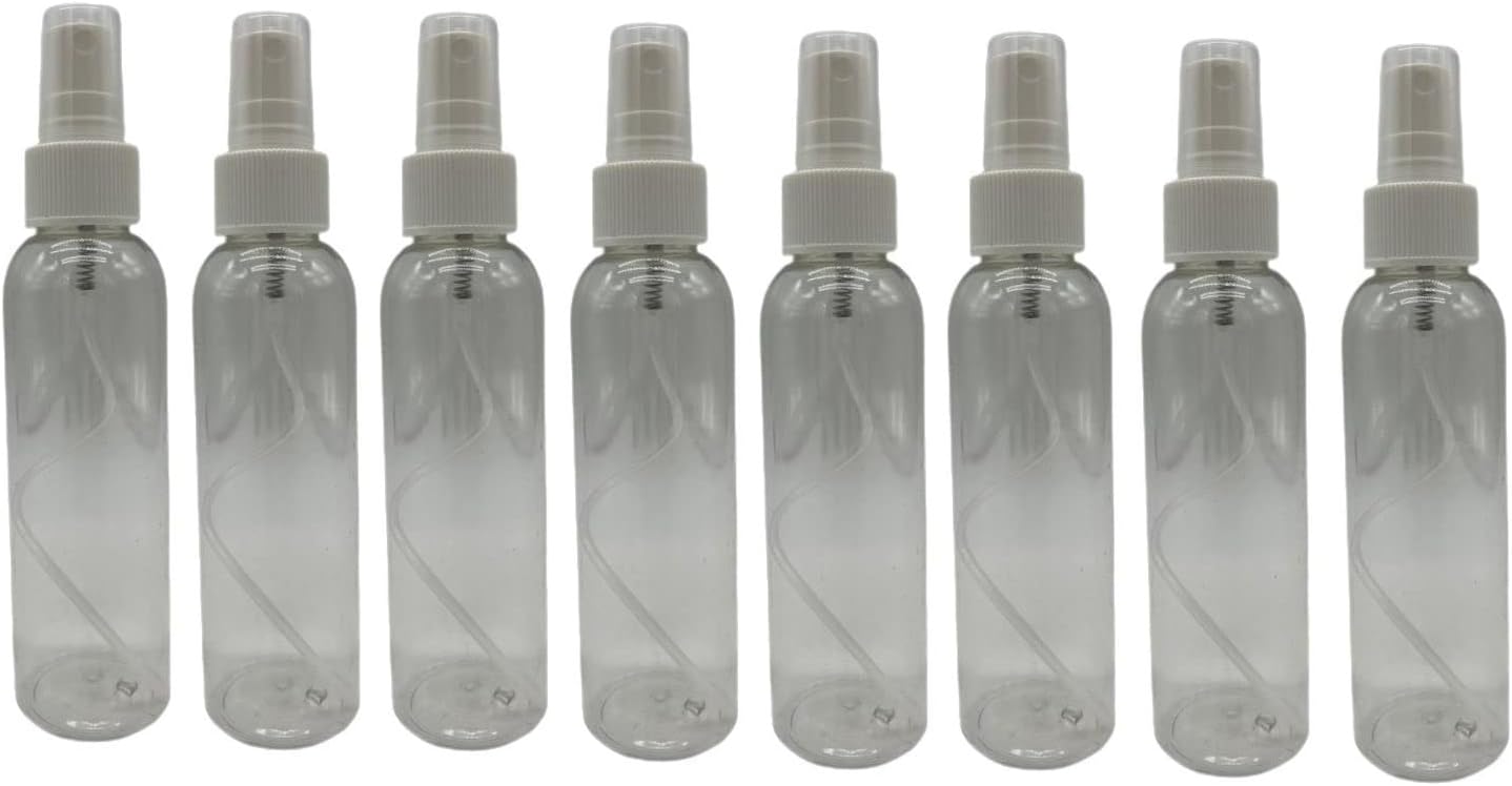 Natural Farms 4 oz Clear Cosmo BPA FREE Bottles - 8 Pack Empty Refillable Containers - Essential Oils - Hair - Aromatherapy | White Fine Mist Sprayers - Made in the USA