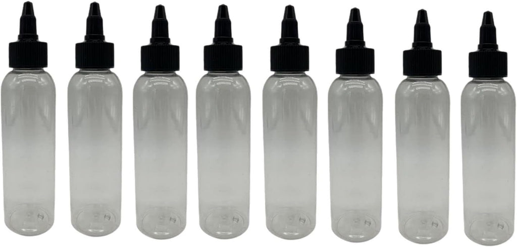 Natural Farms 4 oz Clear Cosmo BPA FREE Bottles - 8 Pack Empty Refillable Containers - Essential Oils - Hair - Aromatherapy | Black Twist Open/Close Cap - Made in the USA