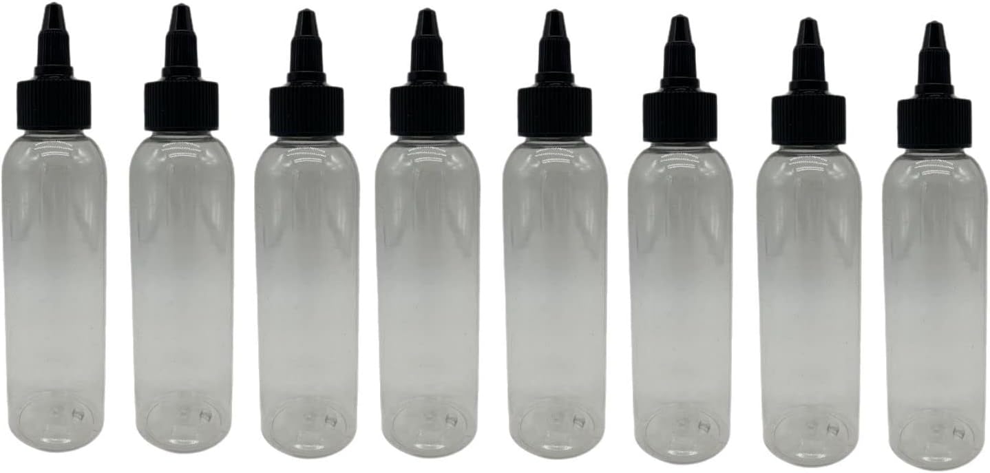 Natural Farms 4 oz Clear Cosmo BPA FREE Bottles - 8 Pack Empty Refillable Containers - Essential Oils - Hair - Aromatherapy | Black Twist Open/Close Cap - Made in the USA