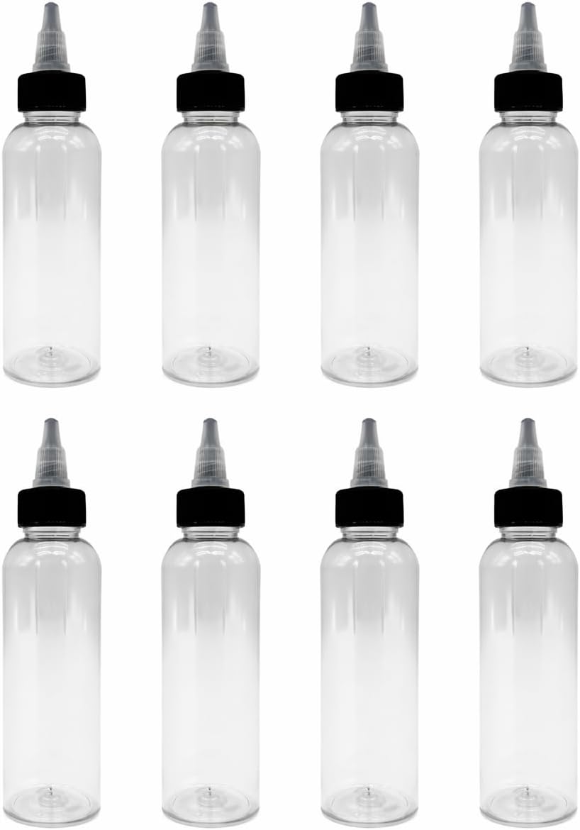 Natural Farms 4 oz Clear Cosmo BPA FREE Bottles - 8 Pack Empty Refillable Containers - Essential Oils - Hair - Aromatherapy | Black/Natural Twist Open/Close Cap - Made in the USA