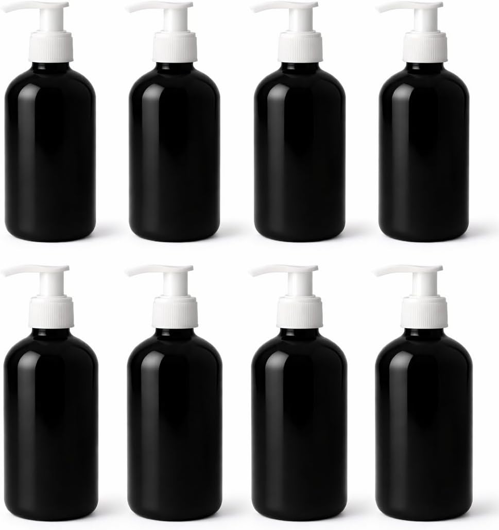Natural Farms 8 oz Black Boston BPA FREE Bottles - 8 Pack Empty Refillable Containers - Essential Oils Aromatherapy | White Pump - Made in the USA