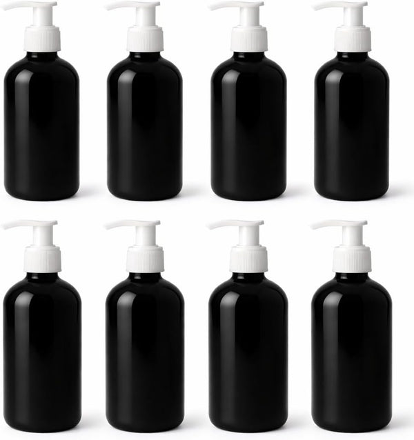 Natural Farms 8 oz Black Boston BPA FREE Bottles - 8 Pack Empty Refillable Containers - Essential Oils Aromatherapy | White Pump - Made in the USA