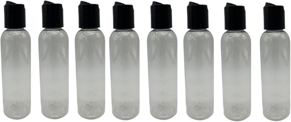 Natural Farms 4 oz Clear Cosmo BPA FREE Bottles - 8 Pack Empty Refillable Containers - Essential Oils - Hair - Aromatherapy | Smooth Black Disc Cap - Made in the USA