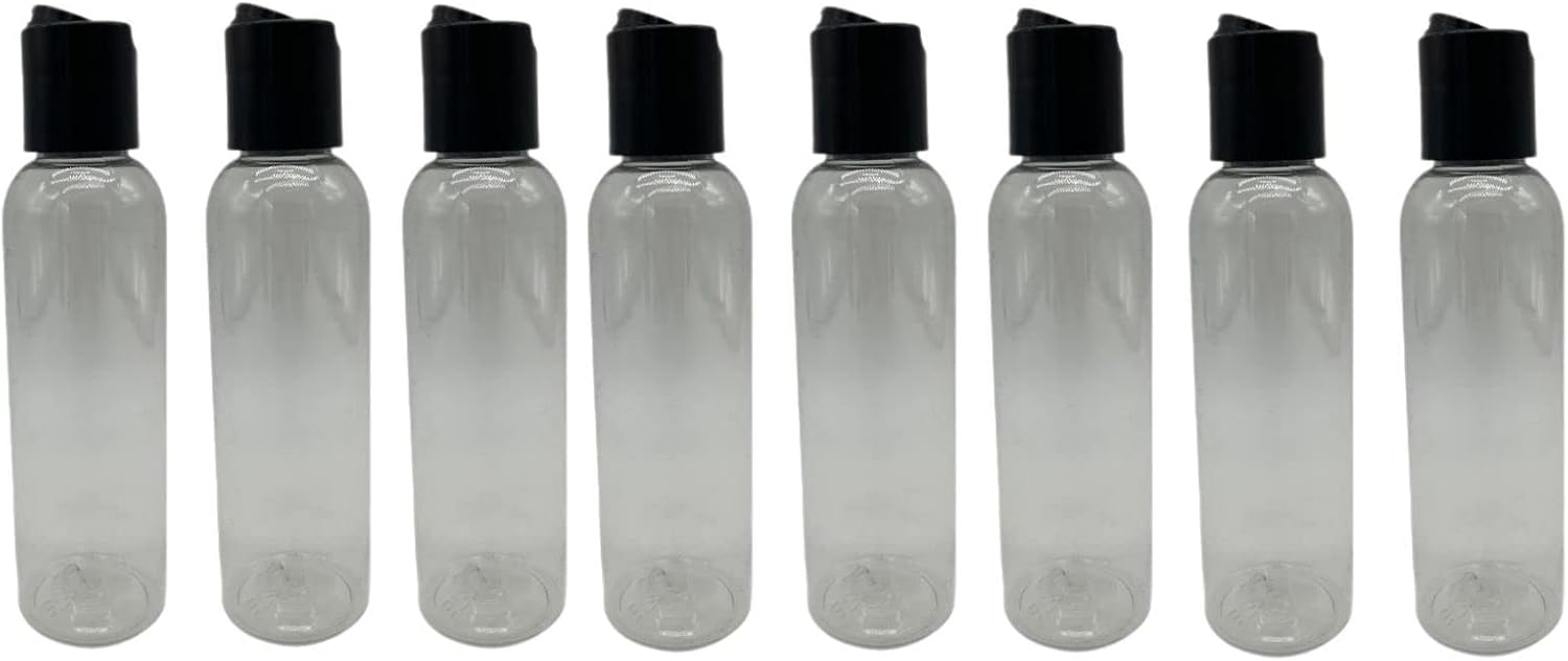 Natural Farms 4 oz Clear Cosmo BPA FREE Bottles - 8 Pack Empty Refillable Containers - Essential Oils - Hair - Aromatherapy | Smooth Black Disc Cap - Made in the USA