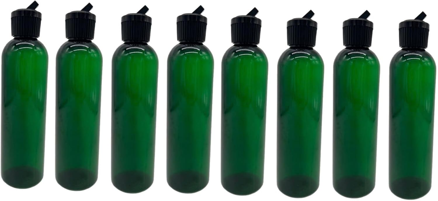 Natural Farms 4 oz Green Cosmo BPA FREE Bottles - 8 Pack Empty Refillable Containers - Essential Oils - Hair - Aromatherapy | Black Spout Cap - Made in the USA