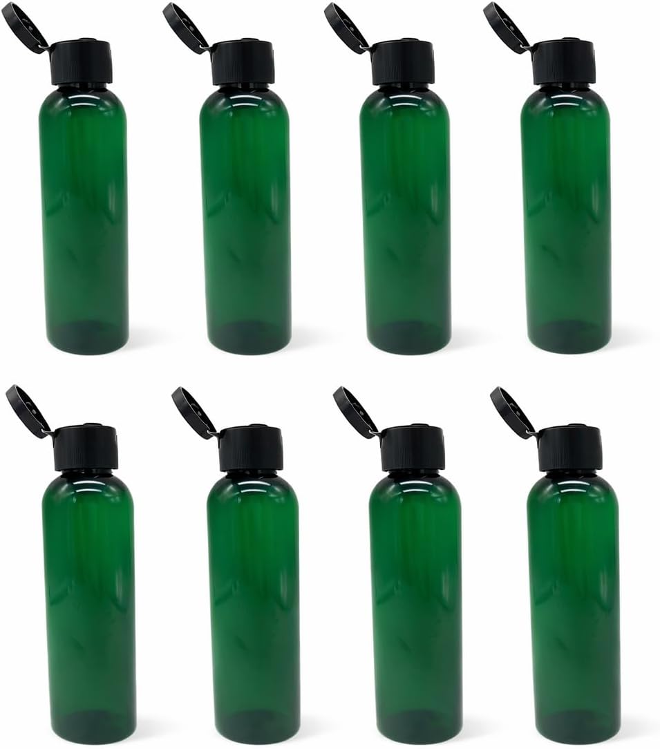Natural Farms 4 oz Green Cosmo BPA FREE Bottles - 8 Pack Empty Refillable Containers - Essential Oils - Hair - Aromatherapy | Black Snap cap - Made in the USA