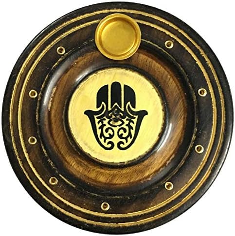 Natural Farms Wooden Round Incense Stick Holder - Cone Burner - Painted Hand of Fatima – 4” Diameter