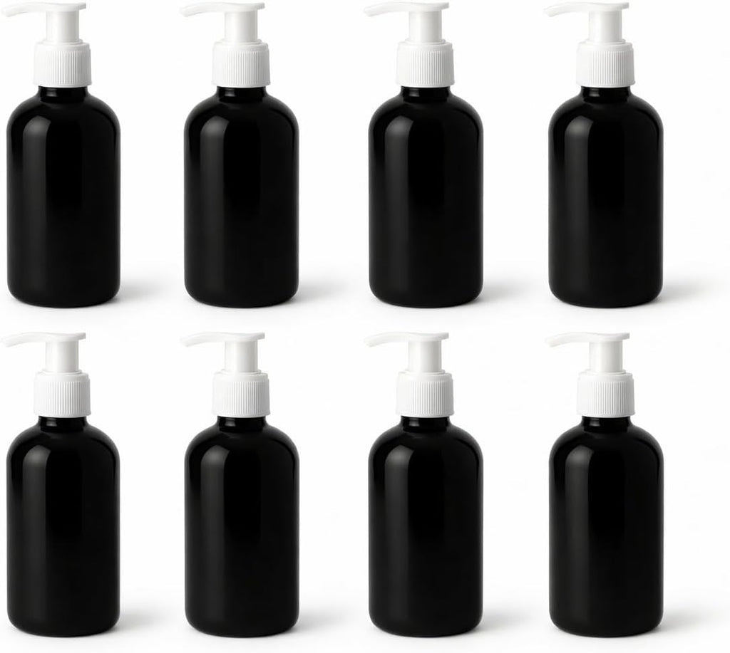 Natural Farms 8 oz Black Boston BPA FREE Bottles - 8 Pack Empty Refillable Containers - Essential Oils Aromatherapy | White Pump - Made in the USA