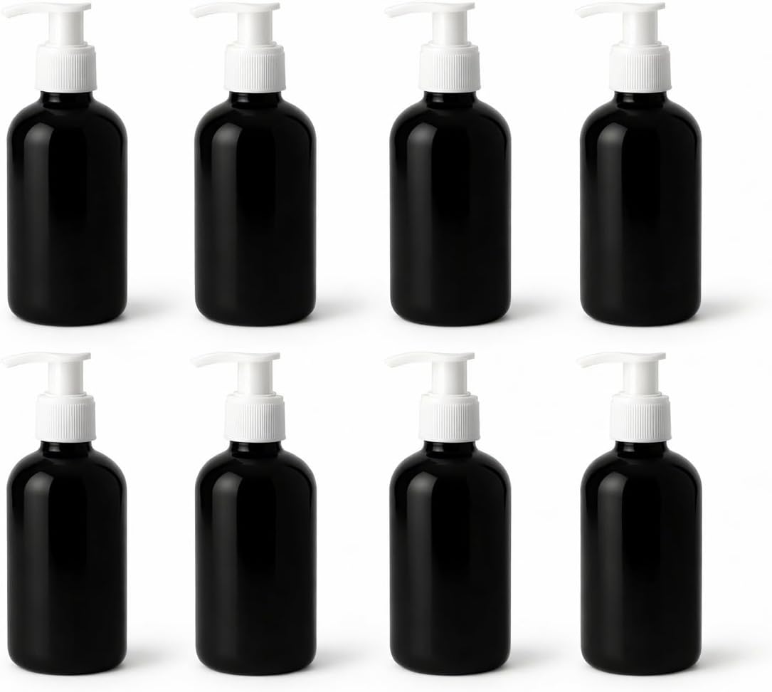 Natural Farms 8 oz Black Boston BPA FREE Bottles - 8 Pack Empty Refillable Containers - Essential Oils Aromatherapy | White Pump - Made in the USA
