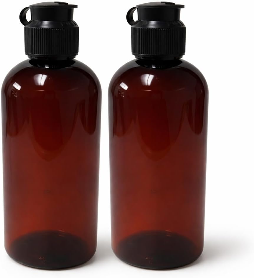 Natural Farms 8 oz Amber Boston BPA FREE Bottles - 2 Pack Empty Refillable Containers - Essential Oils - Aromatherapy | Dispensing Cap w Strap - Made in the USA