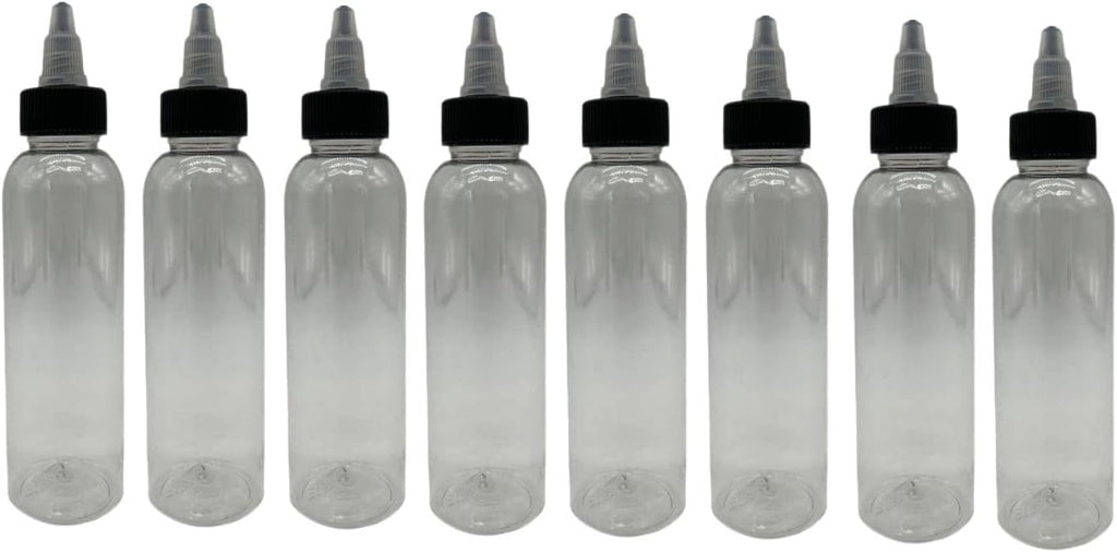 Natural Farms 4 oz Clear Cosmo BPA FREE Bottles - 8 Pack Empty Refillable Containers - Essential Oils - Hair - Aromatherapy | Black/Natural Twist Open/Close Cap - Made in the USA