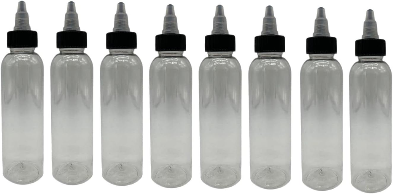 Natural Farms 4 oz Clear Cosmo BPA FREE Bottles - 8 Pack Empty Refillable Containers - Essential Oils - Hair - Aromatherapy | Black/Natural Twist Open/Close Cap - Made in the USA