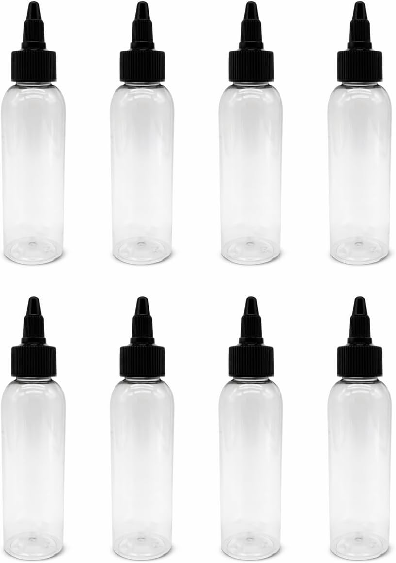 Natural Farms 4 oz Clear Cosmo BPA FREE Bottles - 8 Pack Empty Refillable Containers - Essential Oils - Hair - Aromatherapy | Black Twist Open/Close Cap - Made in the USA