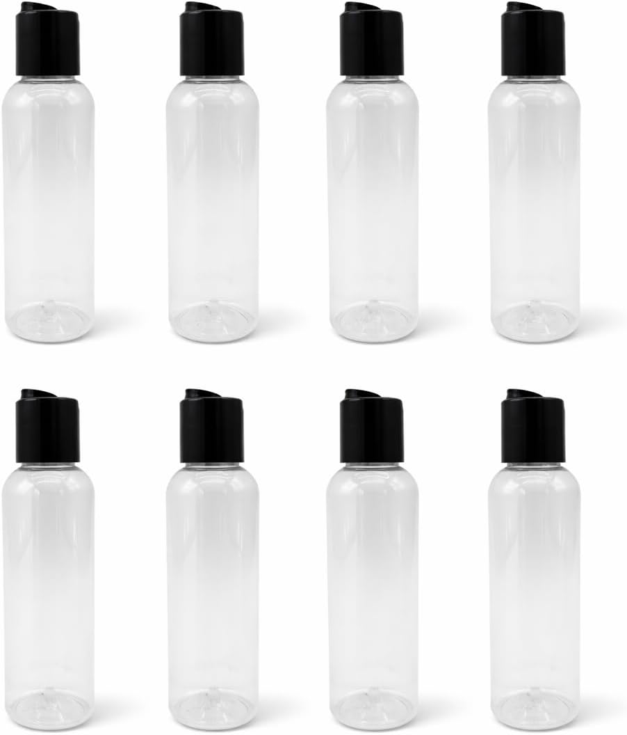 Natural Farms 4 oz Clear Cosmo BPA FREE Bottles - 8 Pack Empty Refillable Containers - Essential Oils - Hair - Aromatherapy | Smooth Black Disc Cap - Made in the USA