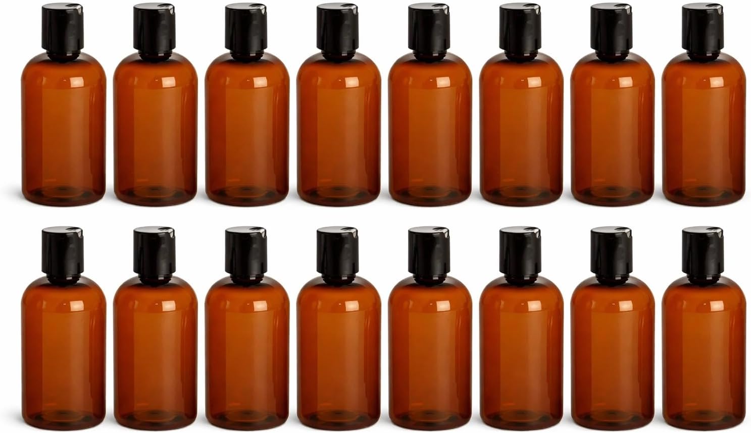 Natural Farms Empty Shampoo Bottles - 8 oz - 16 Pack - Amber Boston Plastic Bottles – Black Flip Top - for Essential Oils- Perfumes- Soap - Creams - Lotions - Gels