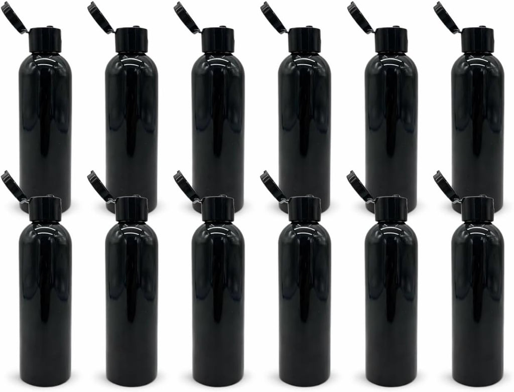 Natural Farms 8 oz Black Cosmo Plastic Bottles -12 Pack Empty Bottle Refillable - BPA Free - Essential Oils - Aromatherapy | Black Flip Top Snap Cap - Made in the USA