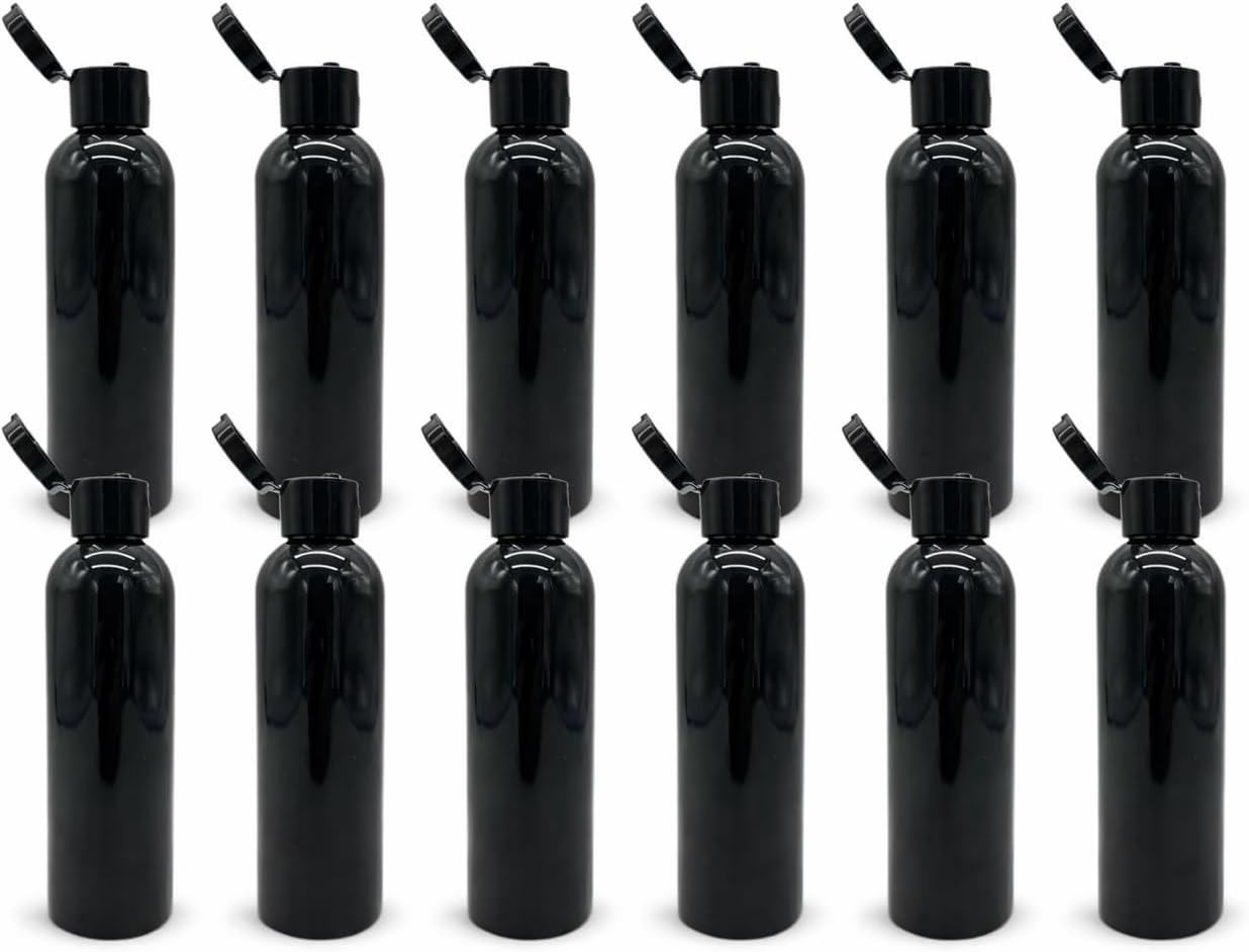 Natural Farms 8 oz Black Cosmo Plastic Bottles -12 Pack Empty Bottle Refillable - BPA Free - Essential Oils - Aromatherapy | Black Flip Top Snap Cap - Made in the USA