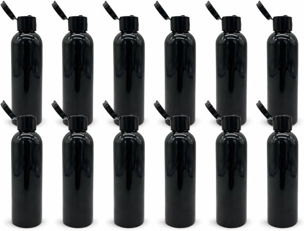 Natural Farms 8 oz Black Cosmo Plastic Bottles -12 Pack Empty Bottle Refillable - BPA Free - Essential Oils - Aromatherapy | Black Flip Top Snap Cap - Made in the USA