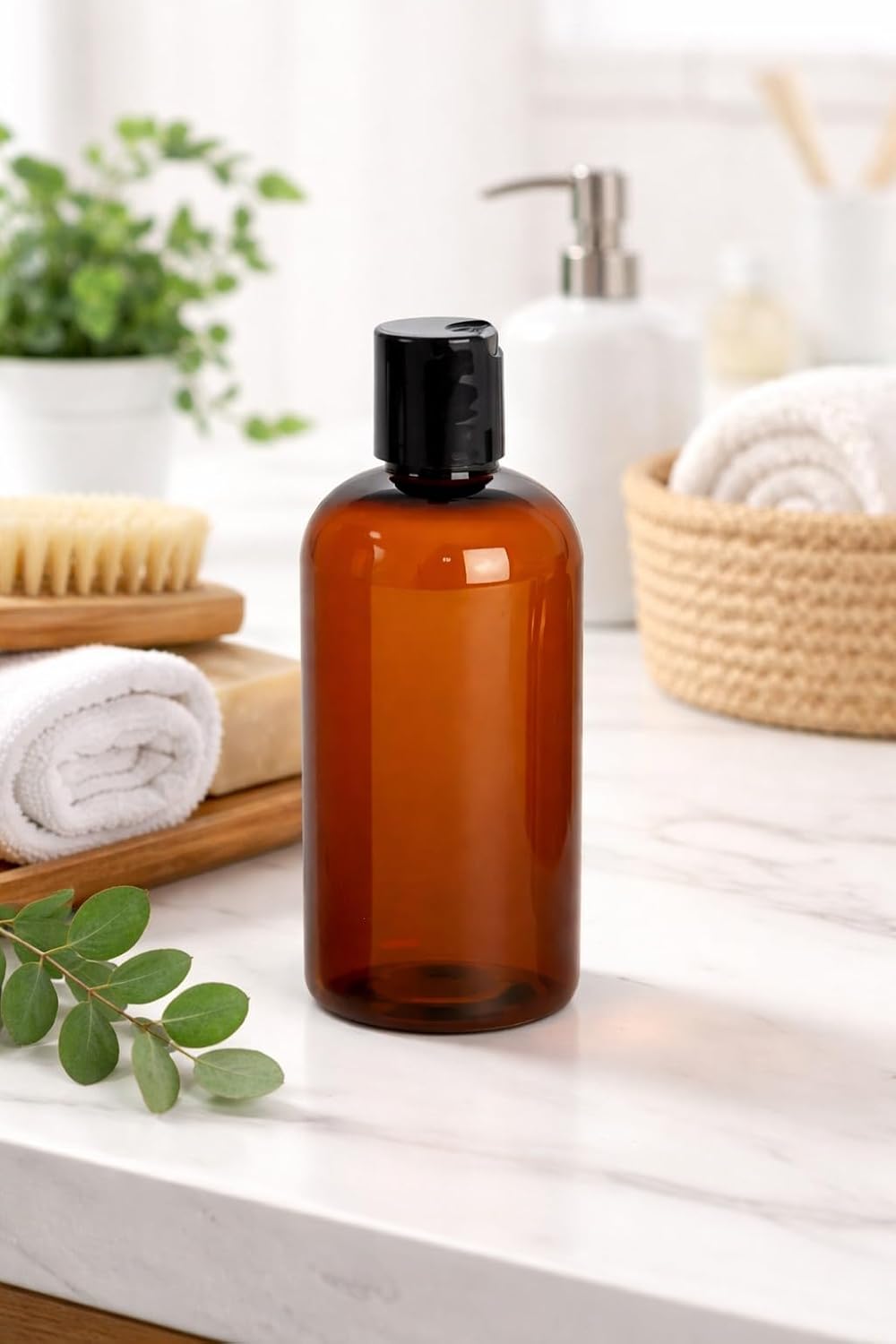 Natural Farms Empty Shampoo Bottles - 8 oz - 16 Pack - Amber Boston Plastic Bottles – Black Flip Top - for Essential Oils- Perfumes- Soap - Creams - Lotions - Gels