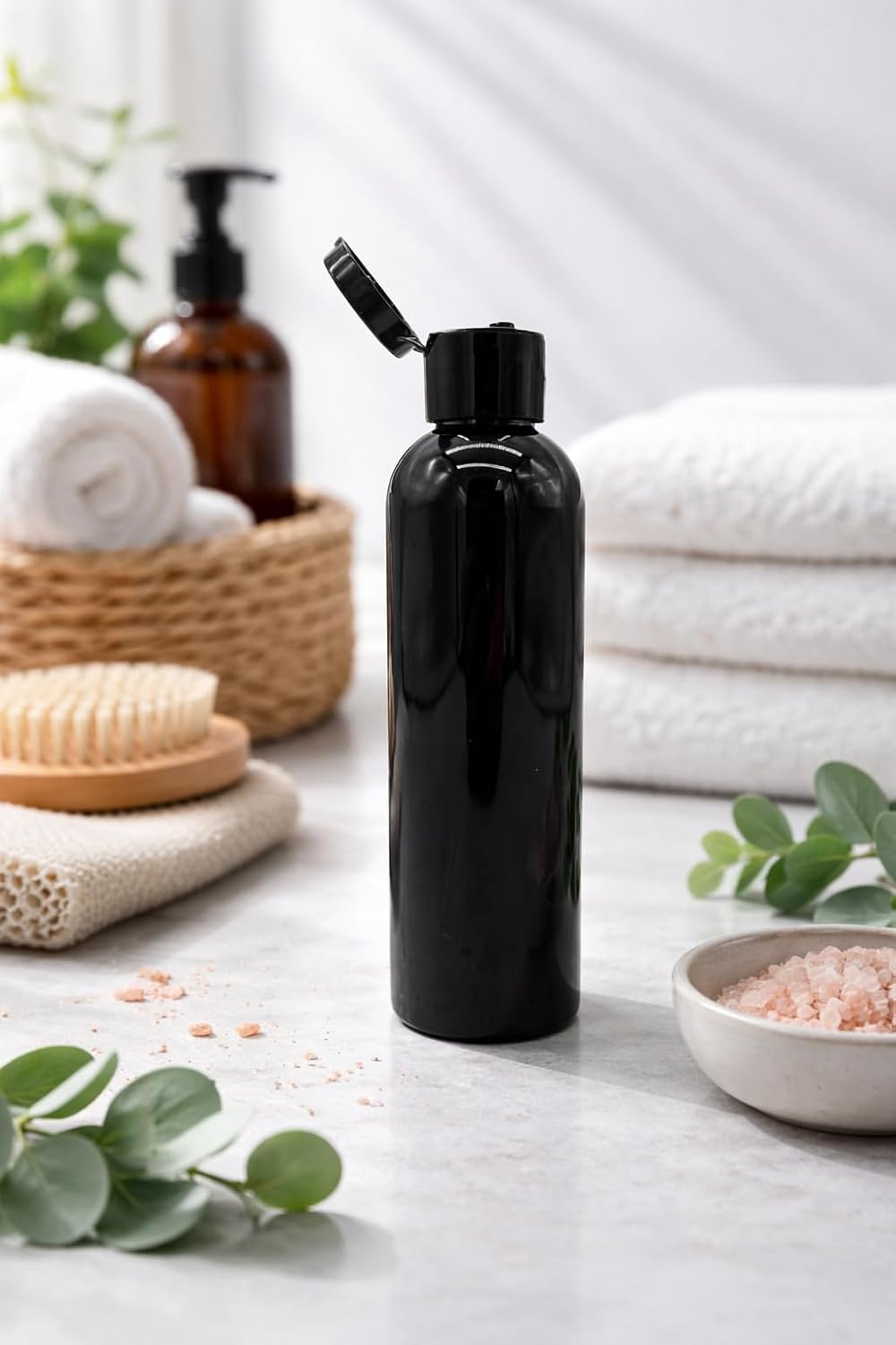 Natural Farms 8 oz Black Cosmo Plastic Bottles -12 Pack Empty Bottle Refillable - BPA Free - Essential Oils - Aromatherapy | Black Flip Top Snap Cap - Made in the USA
