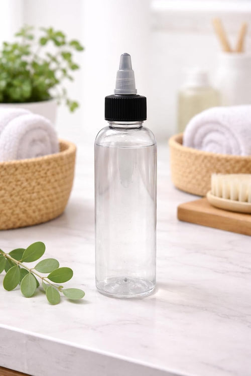 Natural Farms 4 oz Clear Cosmo BPA FREE Bottles - 8 Pack Empty Refillable Containers - Essential Oils - Hair - Aromatherapy | Black/Natural Twist Open/Close Cap - Made in the USA