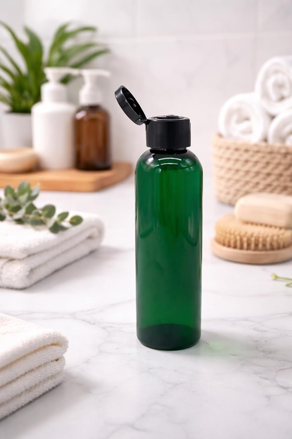 Natural Farms 4 oz Green Cosmo BPA FREE Bottles - 8 Pack Empty Refillable Containers - Essential Oils - Hair - Aromatherapy | Black Snap cap - Made in the USA