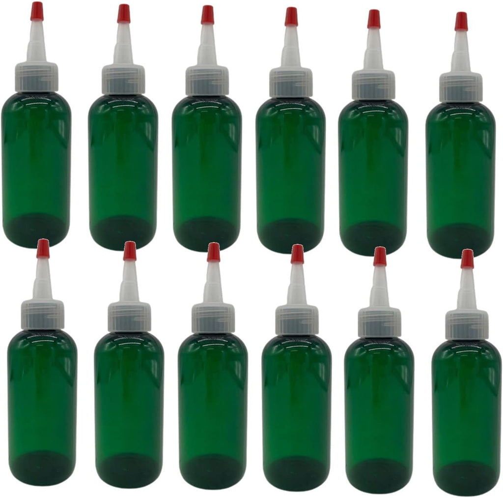 Natural Farms 4 oz Green Boston BPA FREE Bottles - 12 Pack Empty Refillable Containers - Essential Oils Cleaning Products - Aromatherapy | Natural Yorker Cap with red tip - Made in the USA