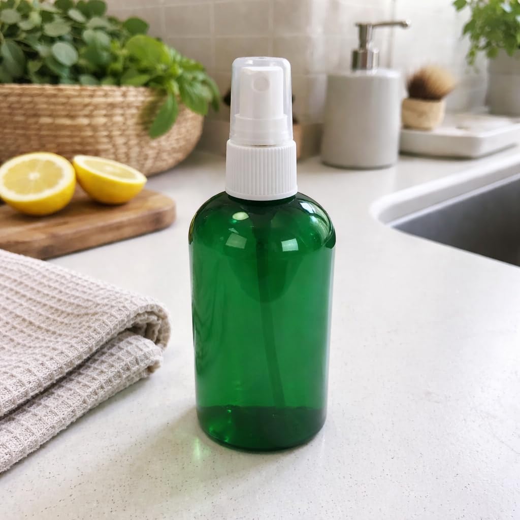 Natural Farms 8 oz Green Boston BPA FREE Bottles - 6 Pack Empty Refillable Containers - Essential Oils Cleaning Products - Aromatherapy | White Fine Mist Sprayers - Made in the USA