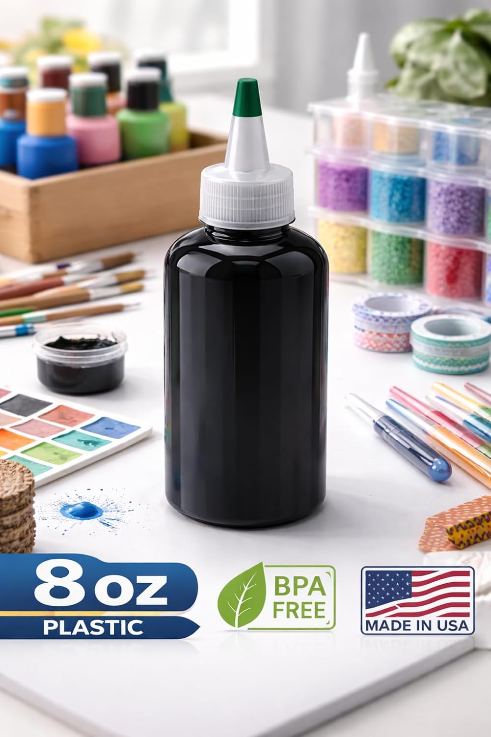 Natural Farms 8 oz Black Boston BPA FREE Bottles - 3 Pack Empty Refillable Containers - Essential Oils Aromatherapy | Natural Yorker Cap Twist Open/Close w green tip - Made in the USA