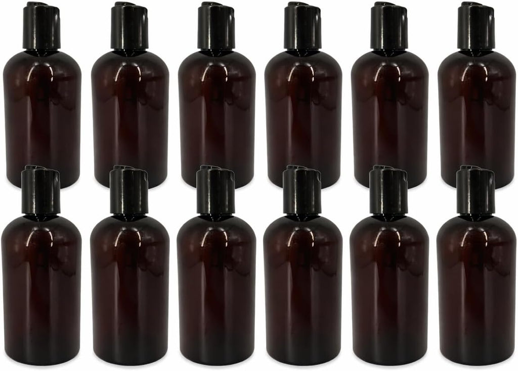 Natural Farms 8 oz Amber Boston Plastic Bottles -12 Pack Empty Bottle Refillable - BPA Free - Essential Oils - Aromatherapy | Black Press Down Disc Cap - Made in the USA