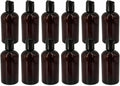 Natural Farms 8 oz Amber Boston Plastic Bottles -12 Pack Empty Bottle Refillable - BPA Free - Essential Oils - Aromatherapy | Black Press Down Disc Cap - Made in the USA