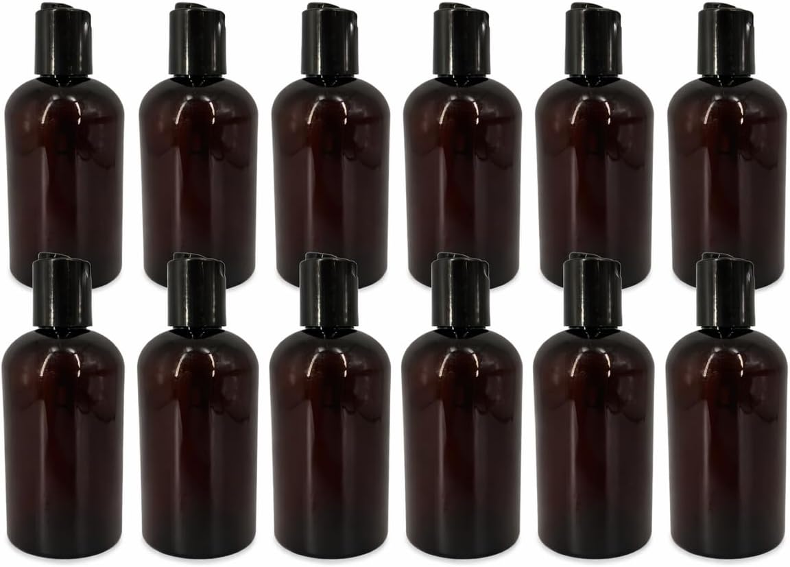 Natural Farms 8 oz Amber Boston Plastic Bottles -12 Pack Empty Bottle Refillable - BPA Free - Essential Oils - Aromatherapy | Black Press Down Disc Cap - Made in the USA
