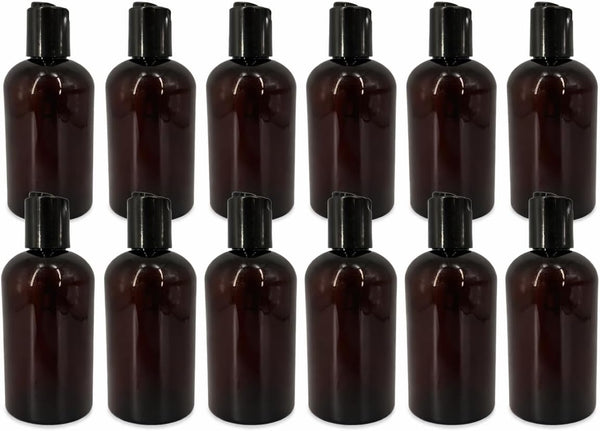 Natural Farms 8 oz Amber Boston Plastic Bottles -12 Pack Empty Bottle Refillable - BPA Free - Essential Oils - Aromatherapy | Black Press Down Disc Cap - Made in the USA