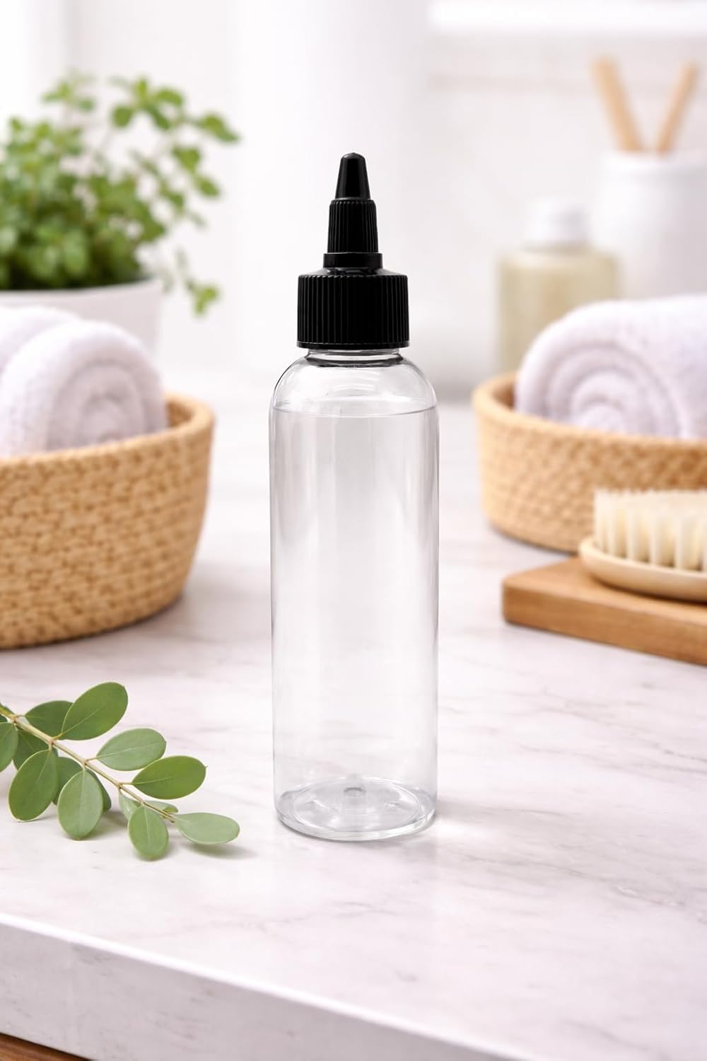 Natural Farms 4 oz Clear Cosmo BPA FREE Bottles - 8 Pack Empty Refillable Containers - Essential Oils - Hair - Aromatherapy | Black Twist Open/Close Cap - Made in the USA