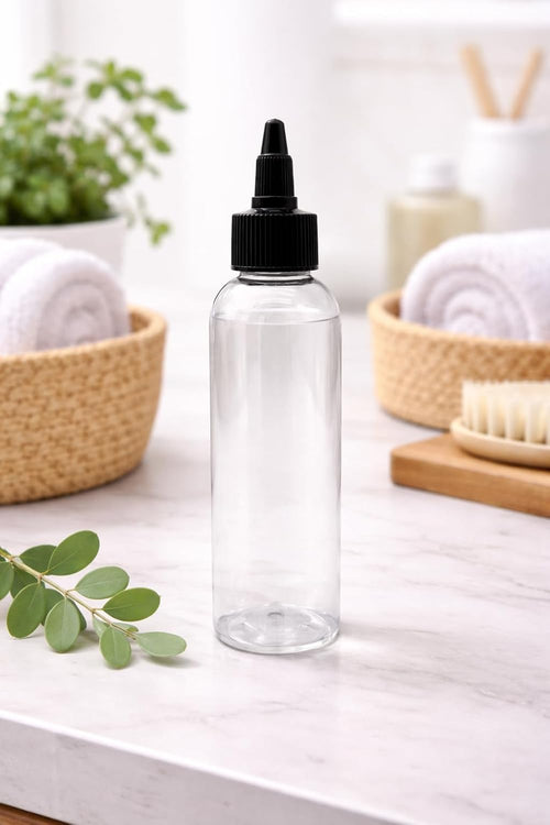 Natural Farms 4 oz Clear Cosmo BPA FREE Bottles - 8 Pack Empty Refillable Containers - Essential Oils - Hair - Aromatherapy | Black Twist Open/Close Cap - Made in the USA
