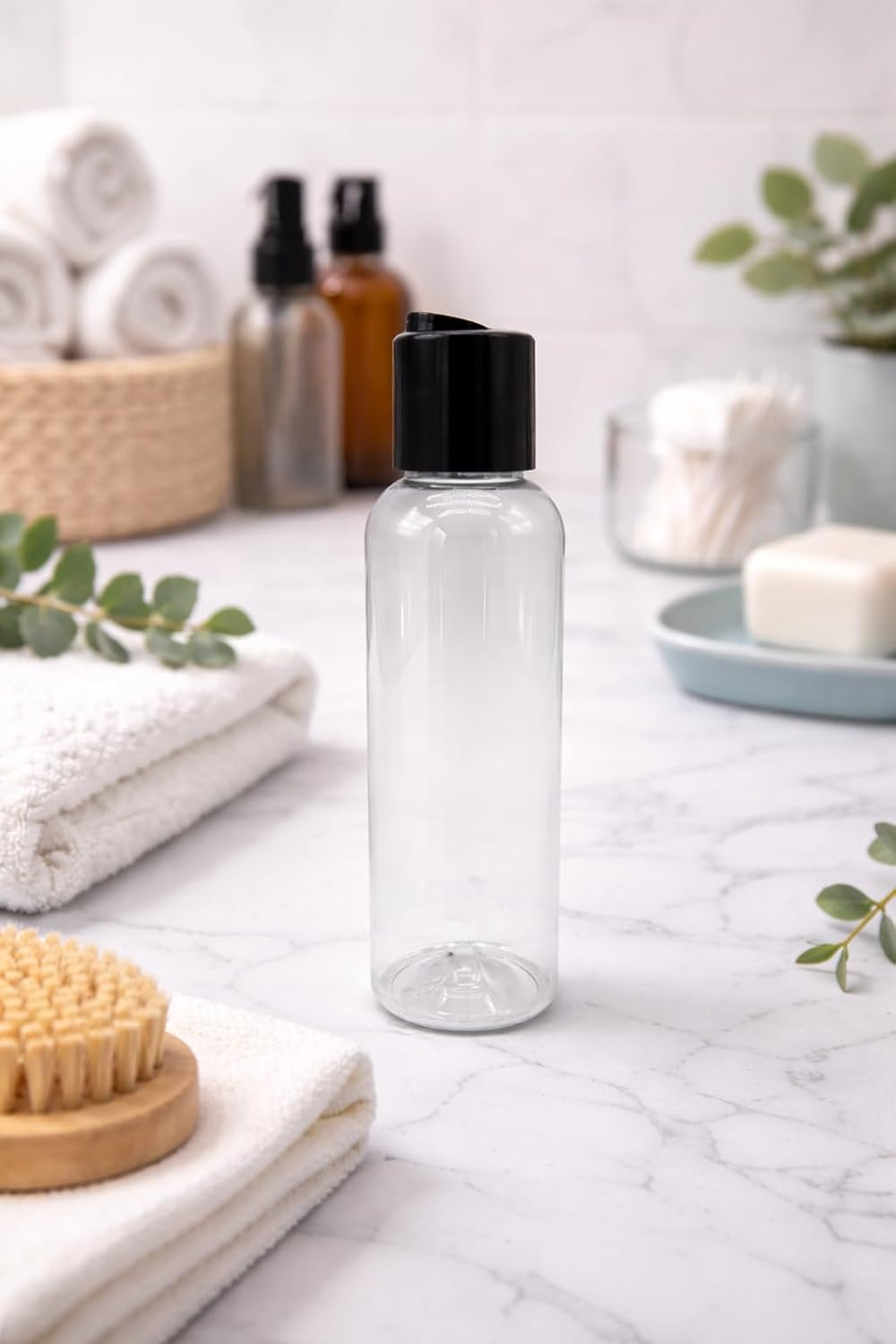 Natural Farms 4 oz Clear Cosmo BPA FREE Bottles - 8 Pack Empty Refillable Containers - Essential Oils - Hair - Aromatherapy | Smooth Black Disc Cap - Made in the USA