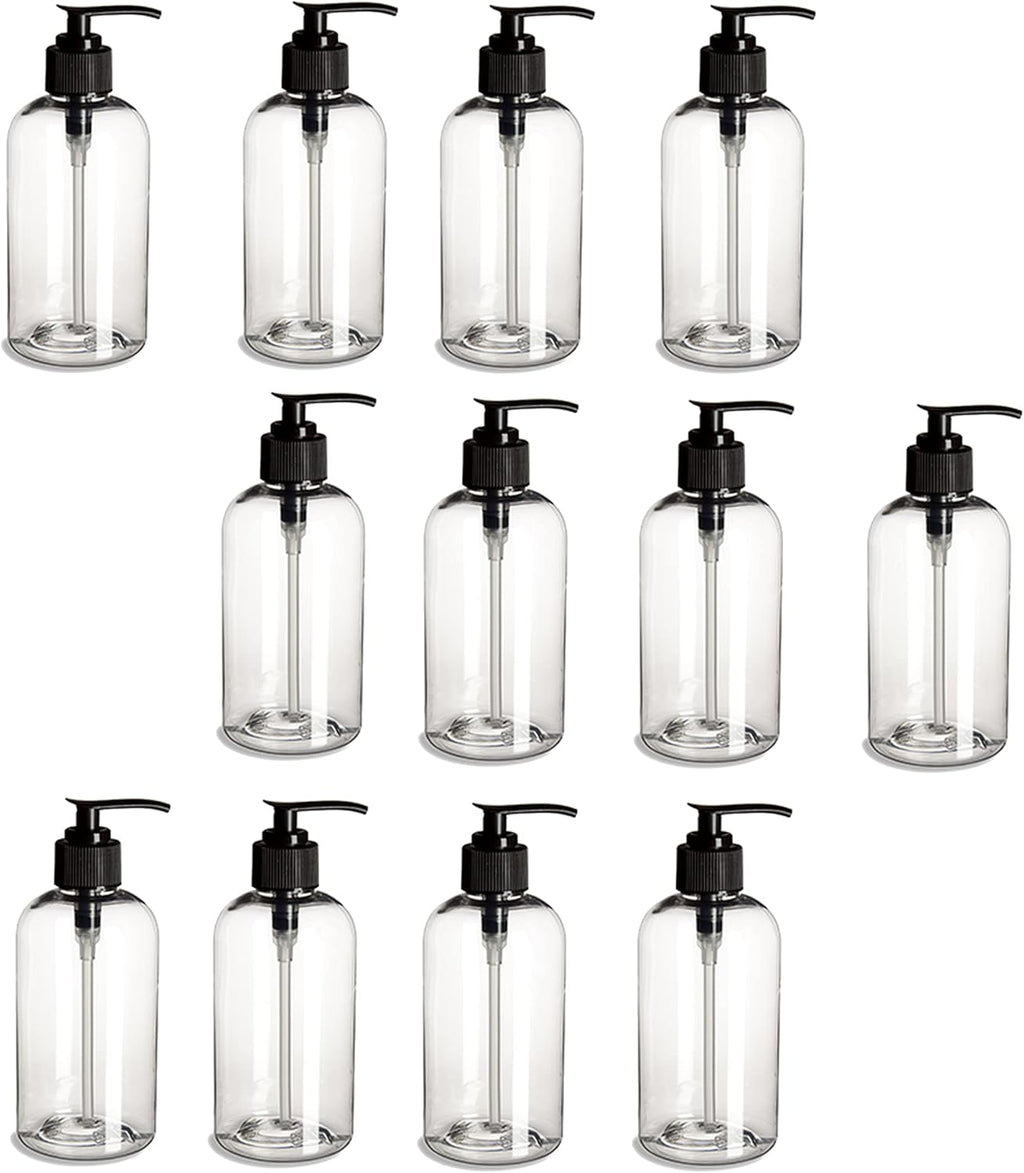 Natural Farms 12 pack- 8 oz Clear PET Boston Round Plastic Bottle with Black Pump