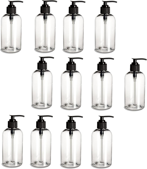 Natural Farms 12 pack- 8 oz Clear PET Boston Round Plastic Bottle with Black Pump